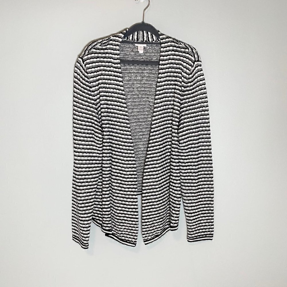 Chico's Striped Cardigan Women Size XL/16 Black White Open Front Knit Sweater